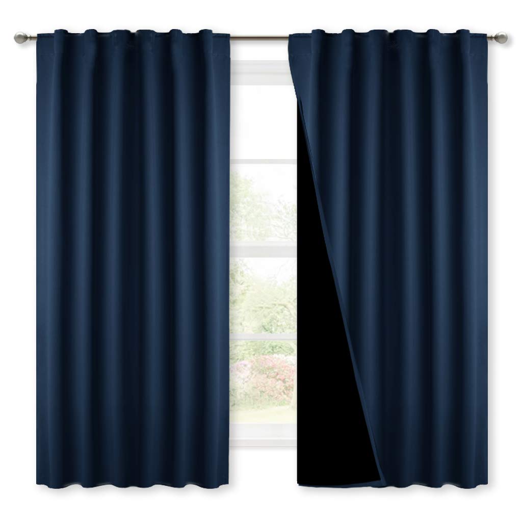 NICETOWN 100% Blackout Bedroom Curtains Navy, Thermal Insulated Black Liner Curtains for Nursery Room, Noise Reducing and Cold B
