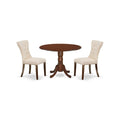 East West Furniture DLGA3-MAH-32 3 Piece Modern Dining Table Set Contains a Round Wooden Table with Dropleaf and 2 Light Beige L