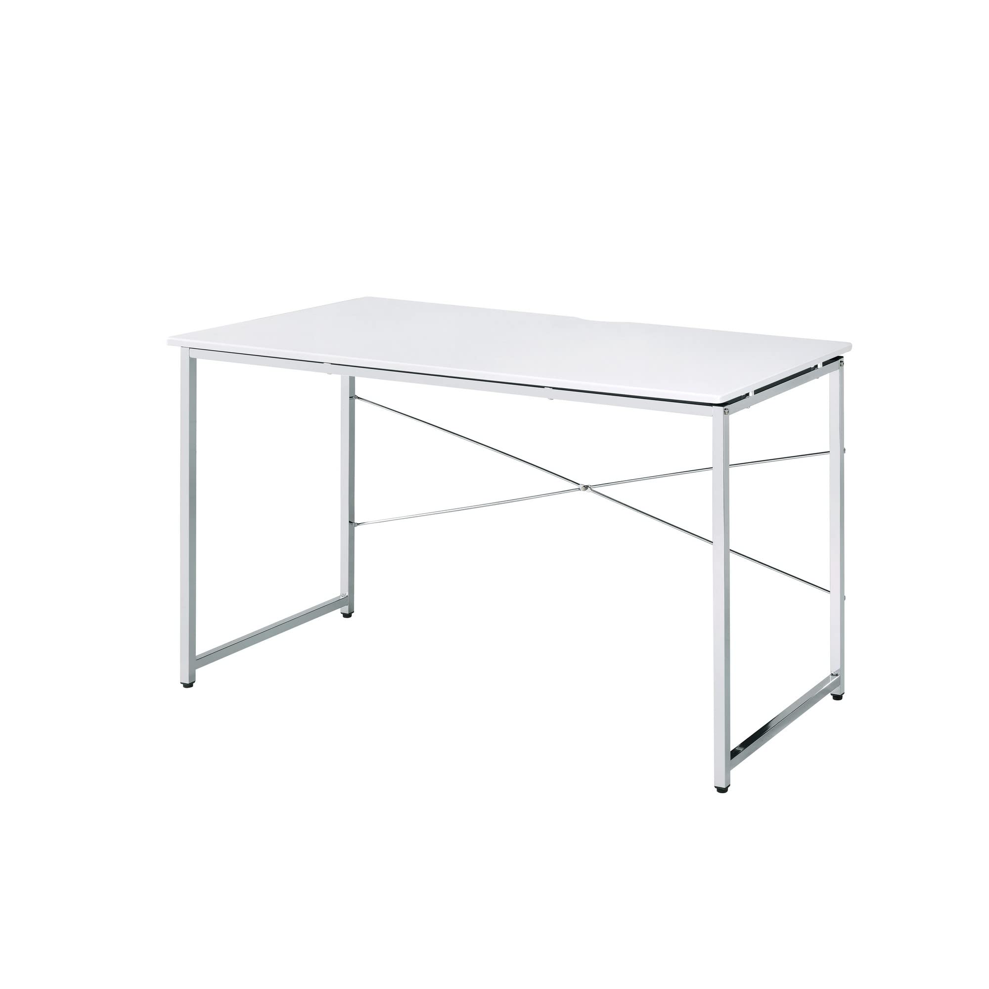 Benjara Writing Desk with X Shaped Cross Bar and Chrome Finish, White