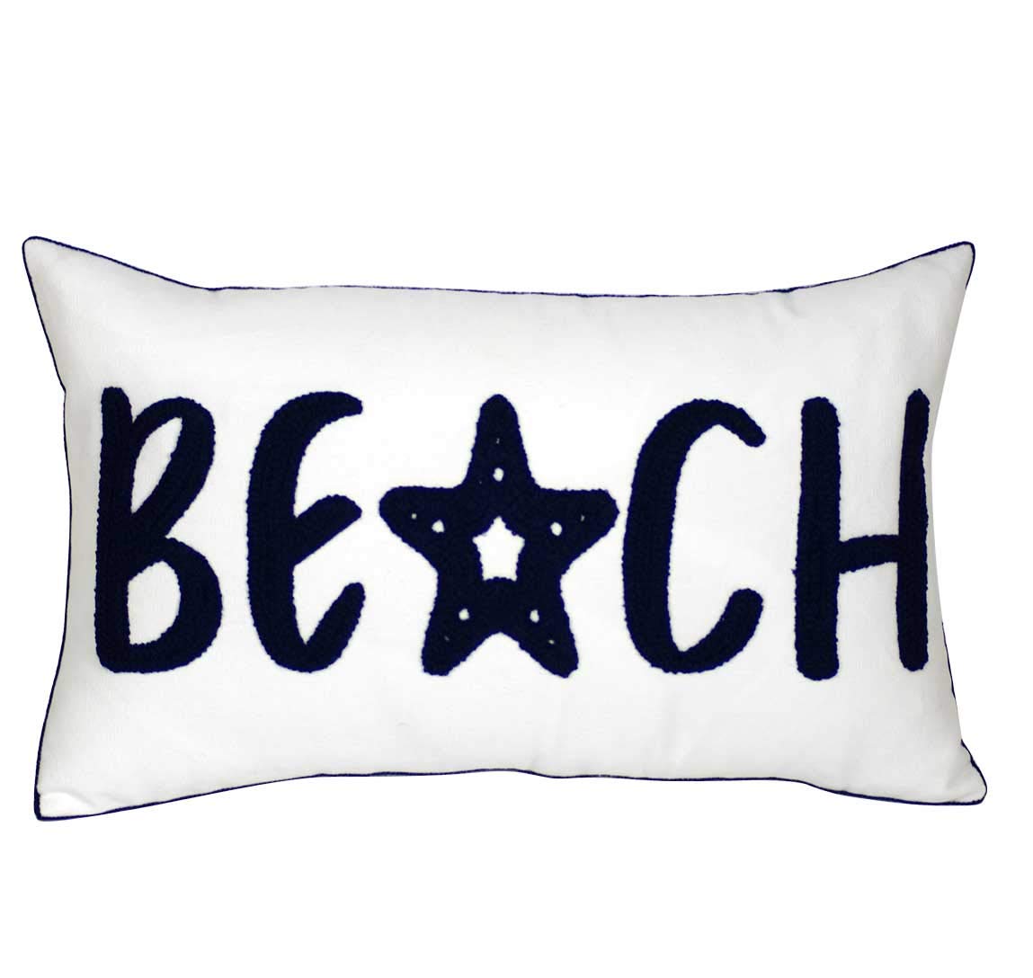 DECOPOW Embroidered Beach Throw Pillow Cover,Beach Decorative Canvas Pillow Cover for Nautical Style Deco 12 X 20 Inches(Navy Be