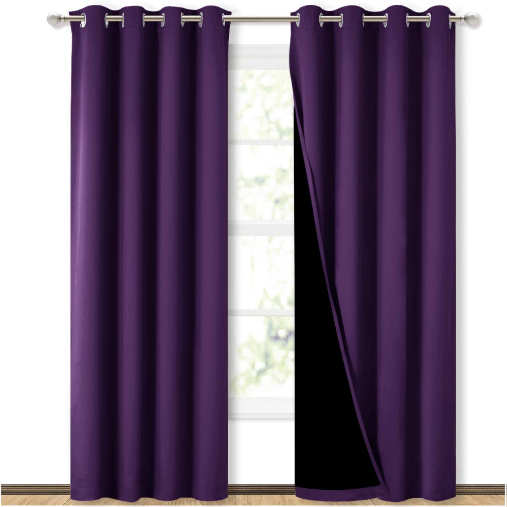 NICETOWN 100% Blackout Curtains with Black Liner Backing, Thermal Insulated Curtains for Living Room, Noise Reducing Drapes, Roy