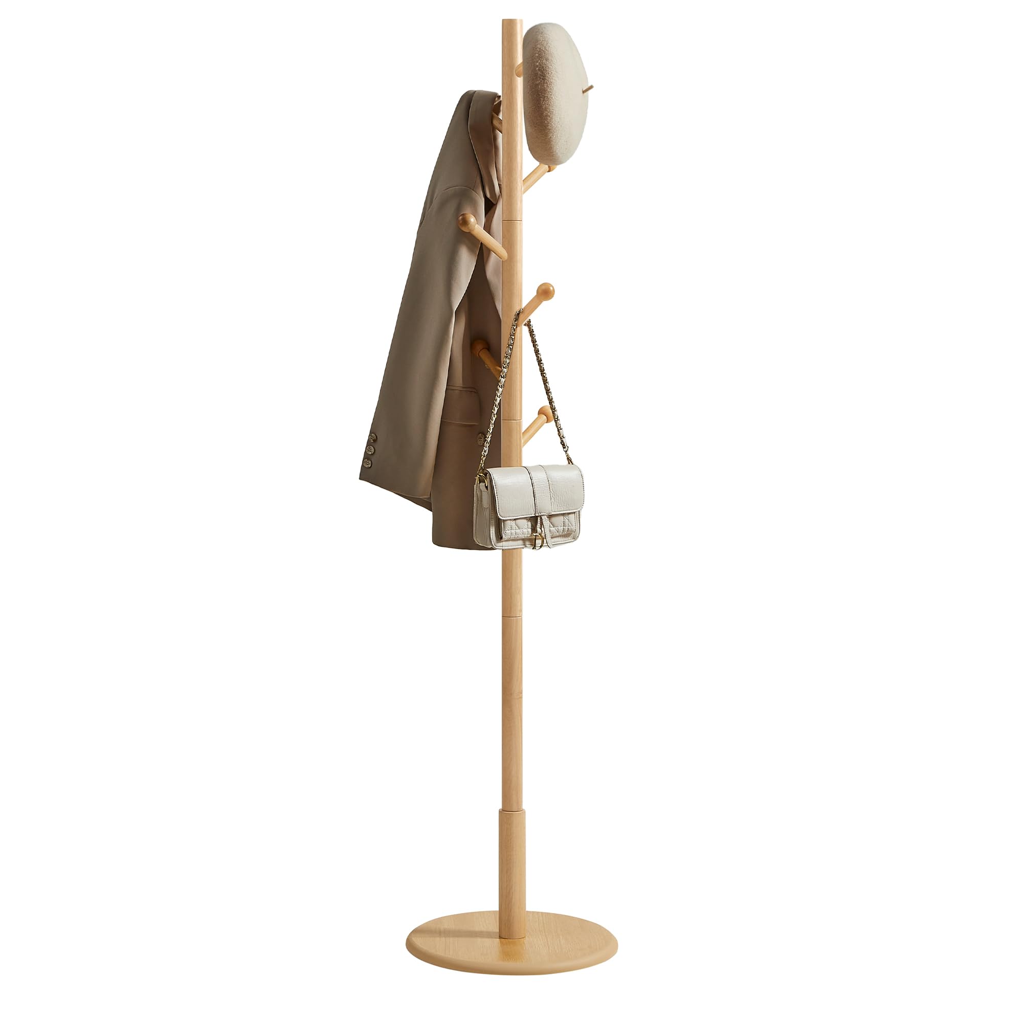 VASAGLE Solid Wood Coat Rack, Free Standing Hall Coat Tree with 7 Hooks, 3 Height Options, for Coats, Hats, Bags, Purses, for En