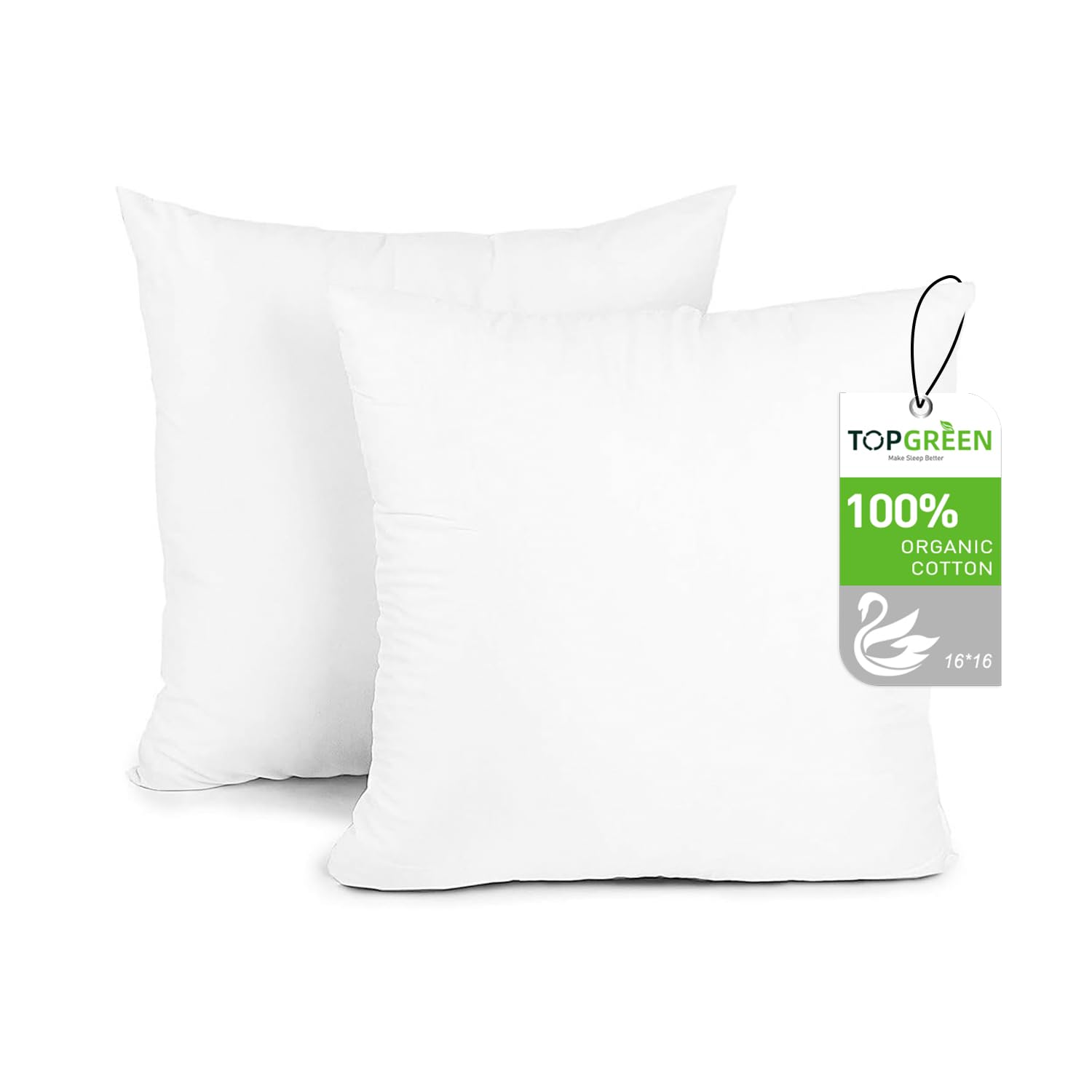 TOPGREEN Feather Throw Pillow Inserts 2 Pack | 16 x 16 Square Deco Pillow for Bed, Sofa, and Couch | 100% Cotton Shell, Soft Med