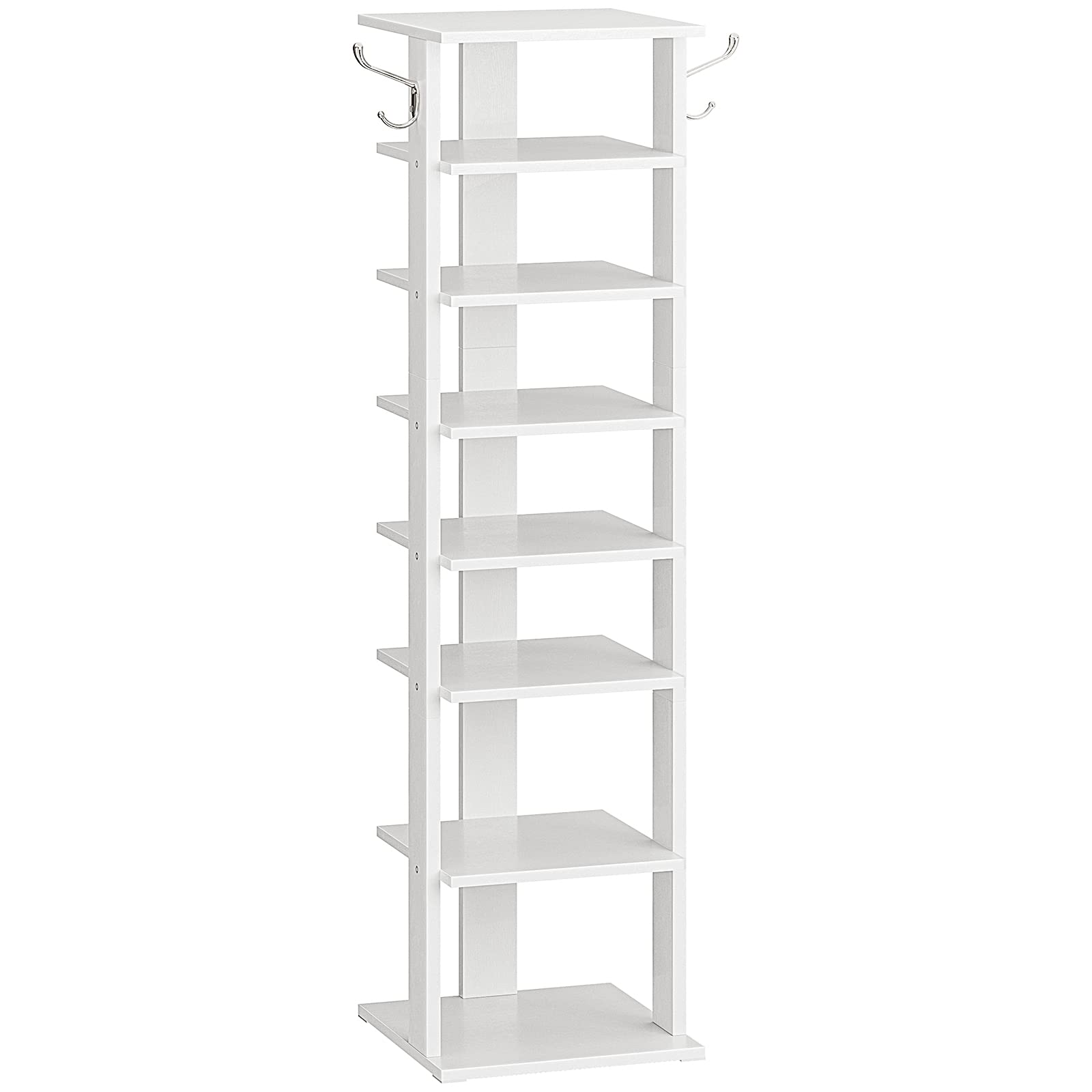 HOOBRO Vertical Shoe Rack, 8 Tier Wooden Shoe Storage Organizer with Hooks, Narrow Shoe Tower for 8 Pairs, Space Saving, for Ent