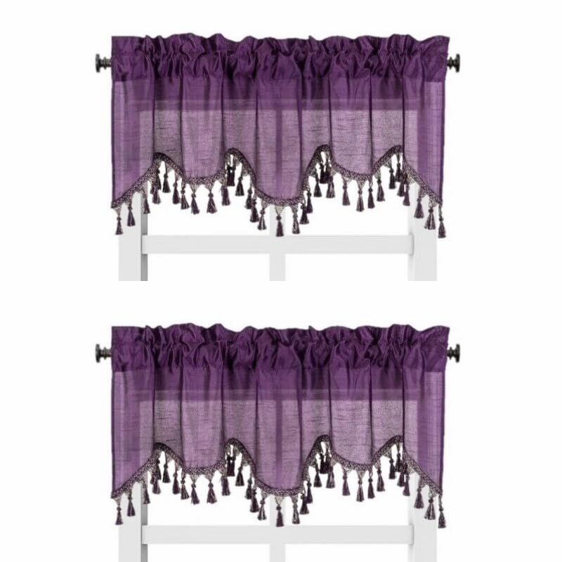 Solid Faux Silk Swag Waterfall Cascade Ascot Window Curtain Valance w/Tassels Trim 55  x18  Wave (2, Plum)