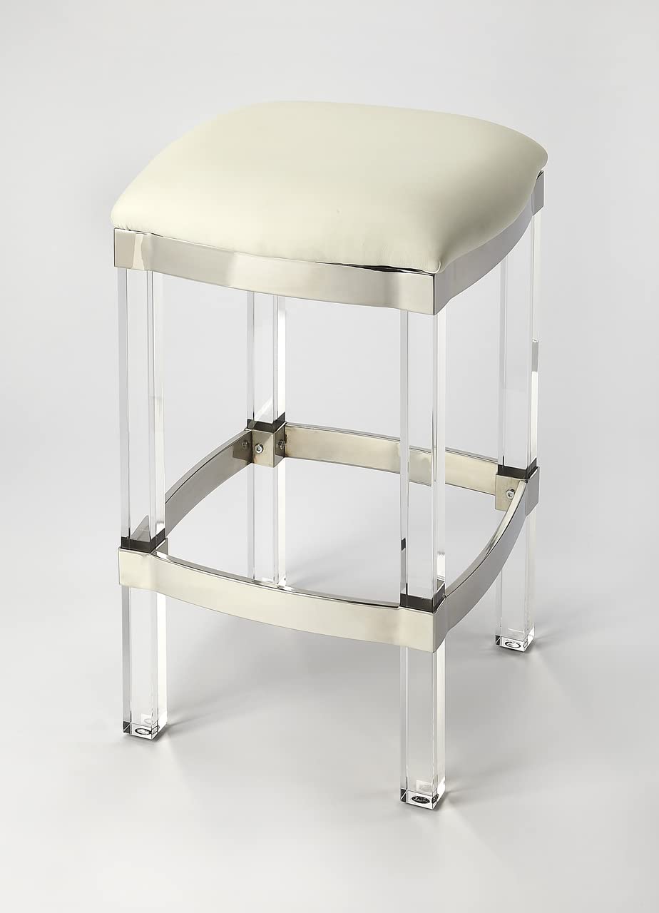 Butler Specialty Company Jordan Modern Counter Bar Stool with Acrylic and Silver Finish - White Leather Seat
