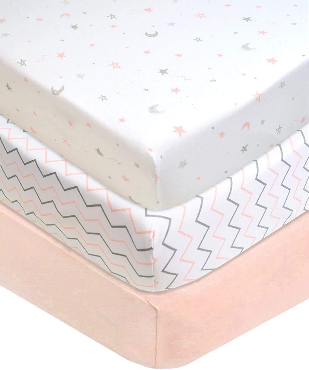 American Baby Company 3 Pack Fitted Crib Sheets 28 x 52, Soft Breathable Neutral 100% Cotton Jersey Sheet, Blush Pink Star/Zigza