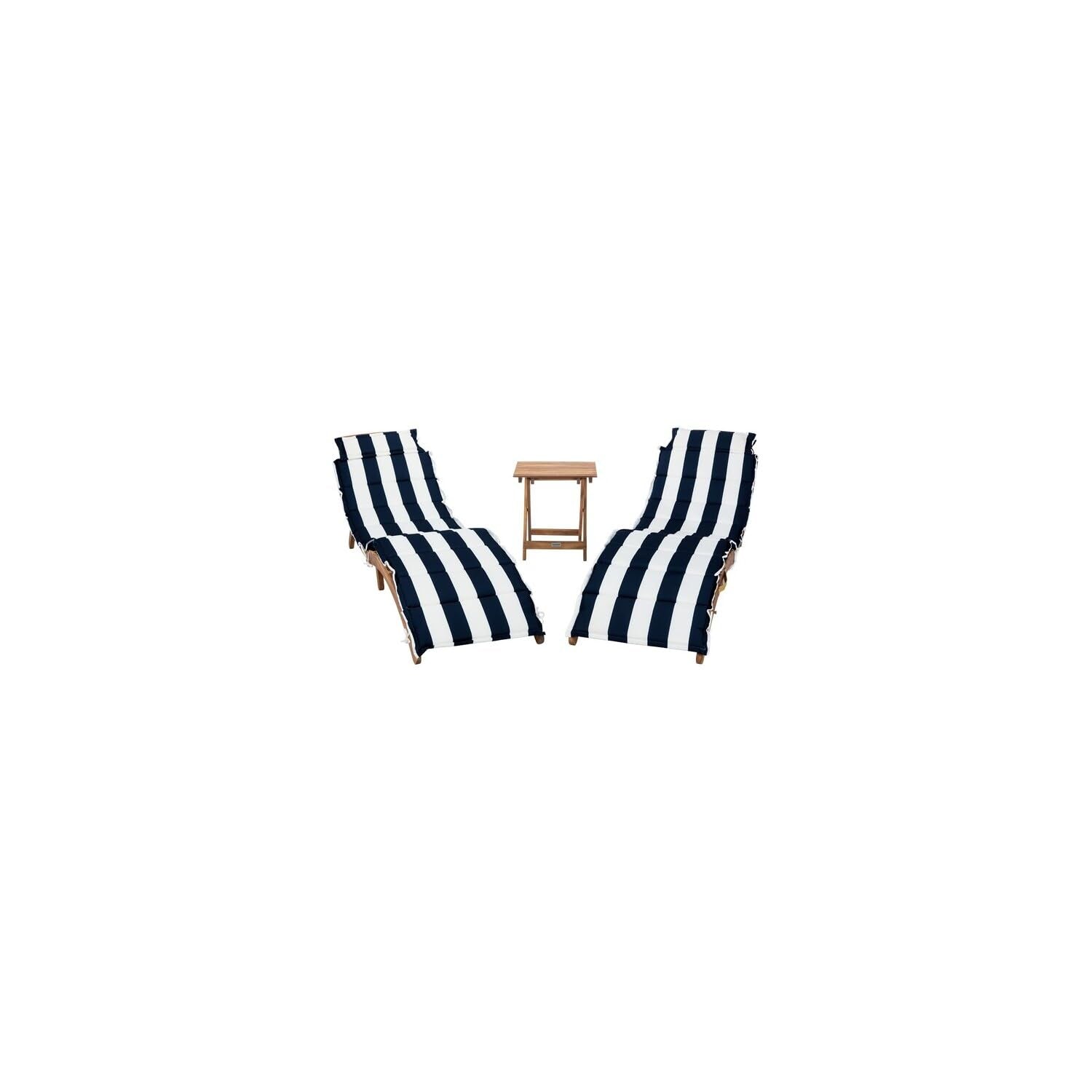 SAFAVIEH Outdoor Collection Pacifica Natural Brown Solid Wood/Navy & White Stripe Cushion 3-Piece Chaise Lounge Set with Table (