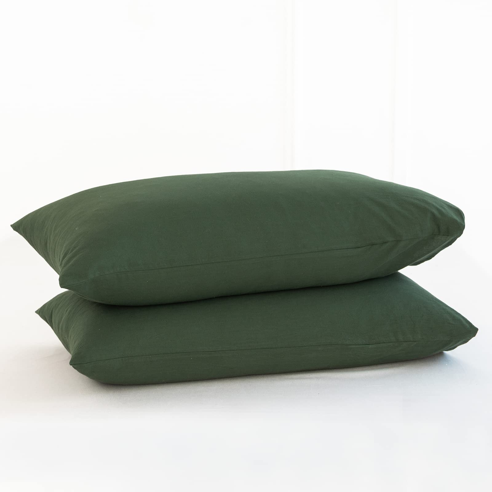MooMee Bedding Pillowcases Pack of 2 100% Washed Cotton Linen Like Textured Breathable Durable Soft Comfy (Forest Green, Standar