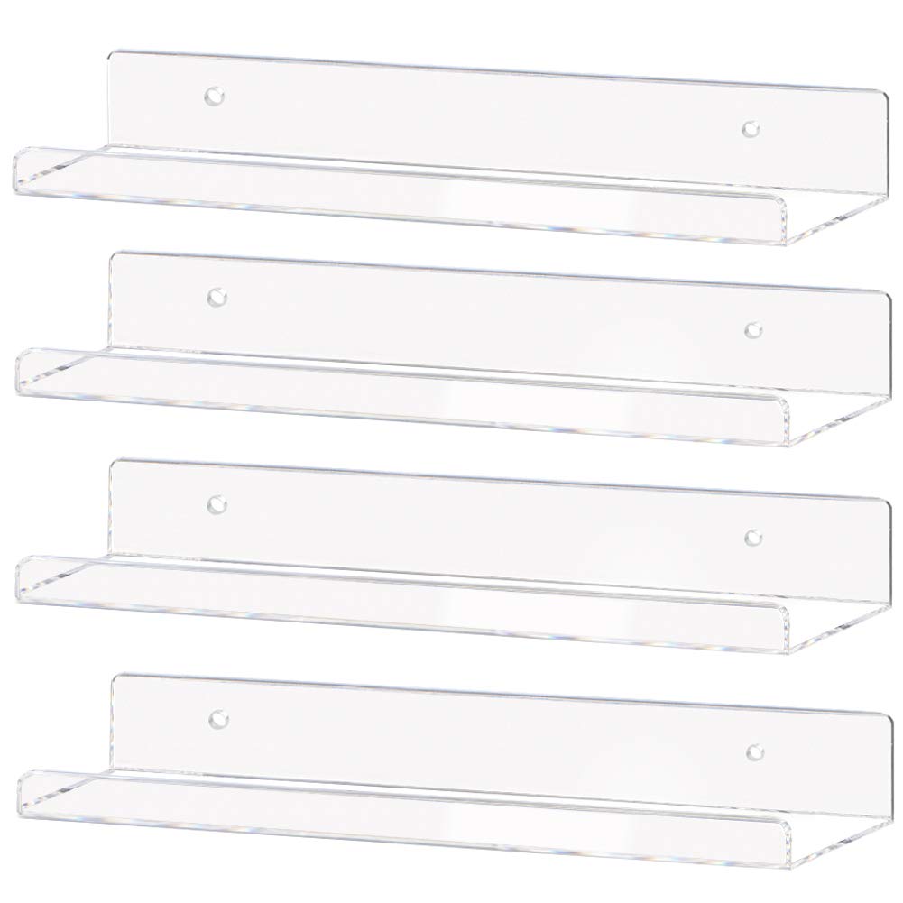 Weiai Clear Acrylic Shelf 15 Invisible Floating Wall Ledge Bookshelf, Kids Book Display Shelves Wall Mounted (15 Inch 4Pack)
