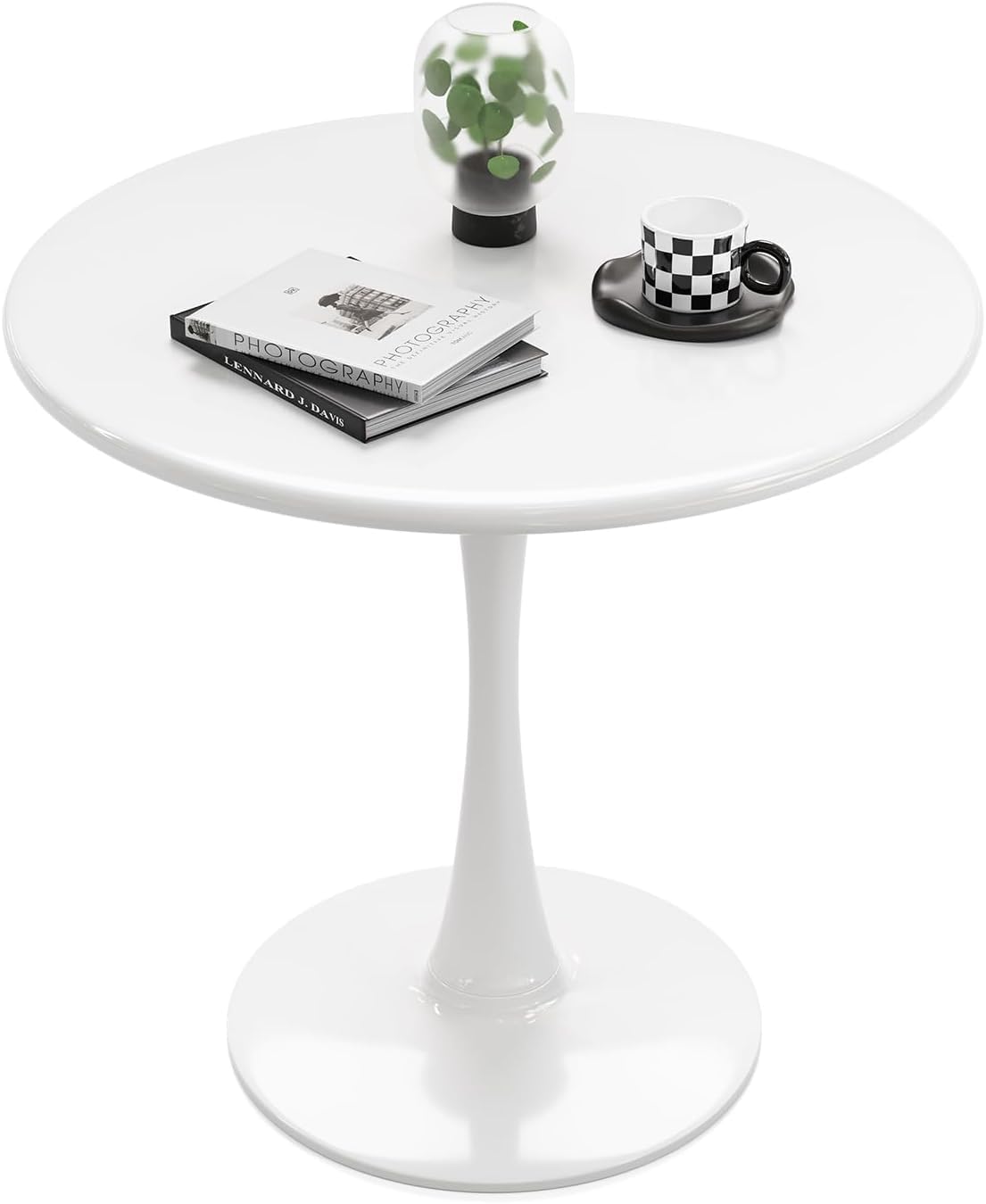 White Round Dining Table for 2 Person, 24 Inch Small Tulip Table with Metal Pedestal for Living Room, Mid Century Modern Table f