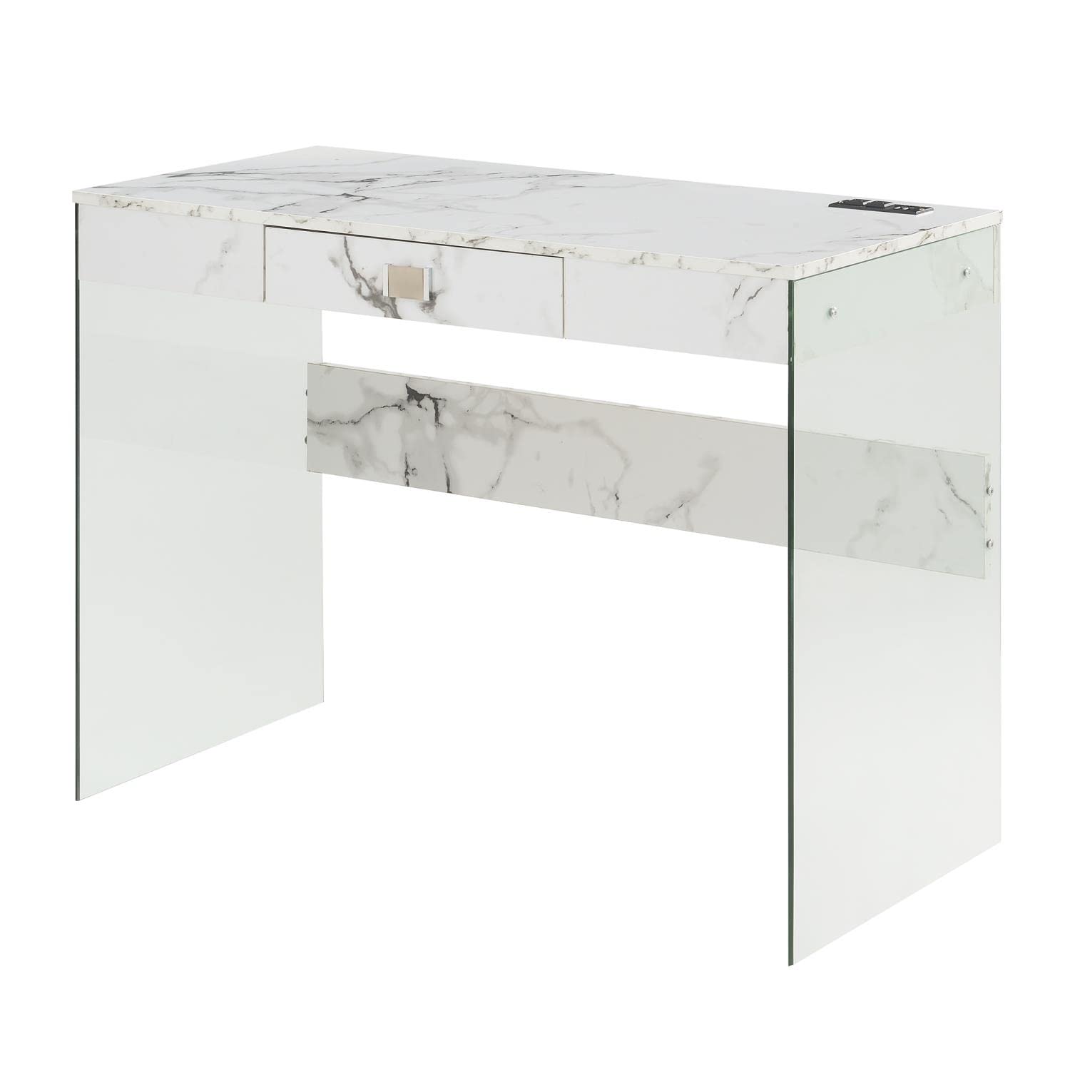 Convenience Concepts SoHo Glass Desk with Charging Station, 42, Faux White Marble