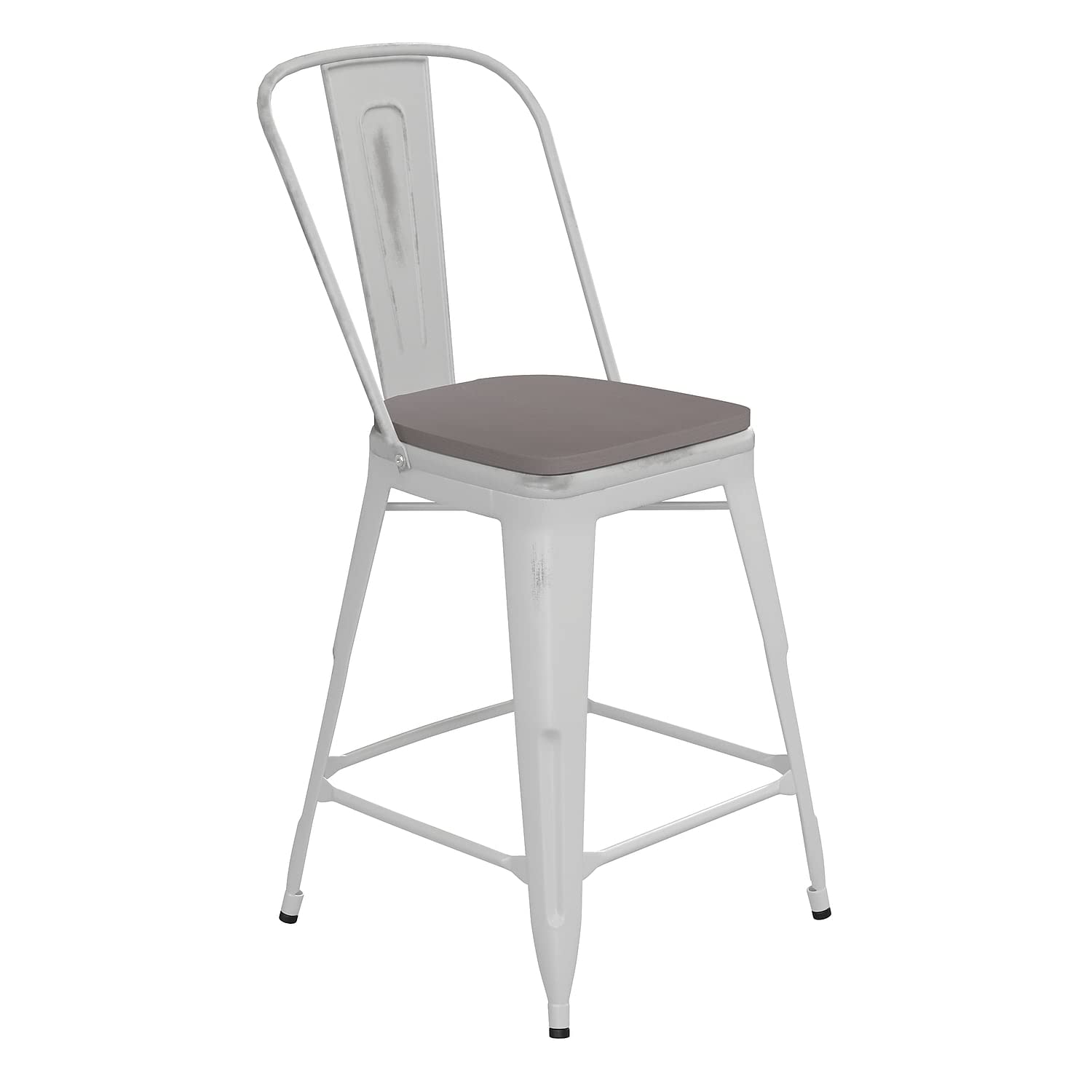 Flash Furniture Carly Commercial Grade 24 High White Metal Indoor-Outdoor Counter Height Stool with Back and Gray Polystyrene Se