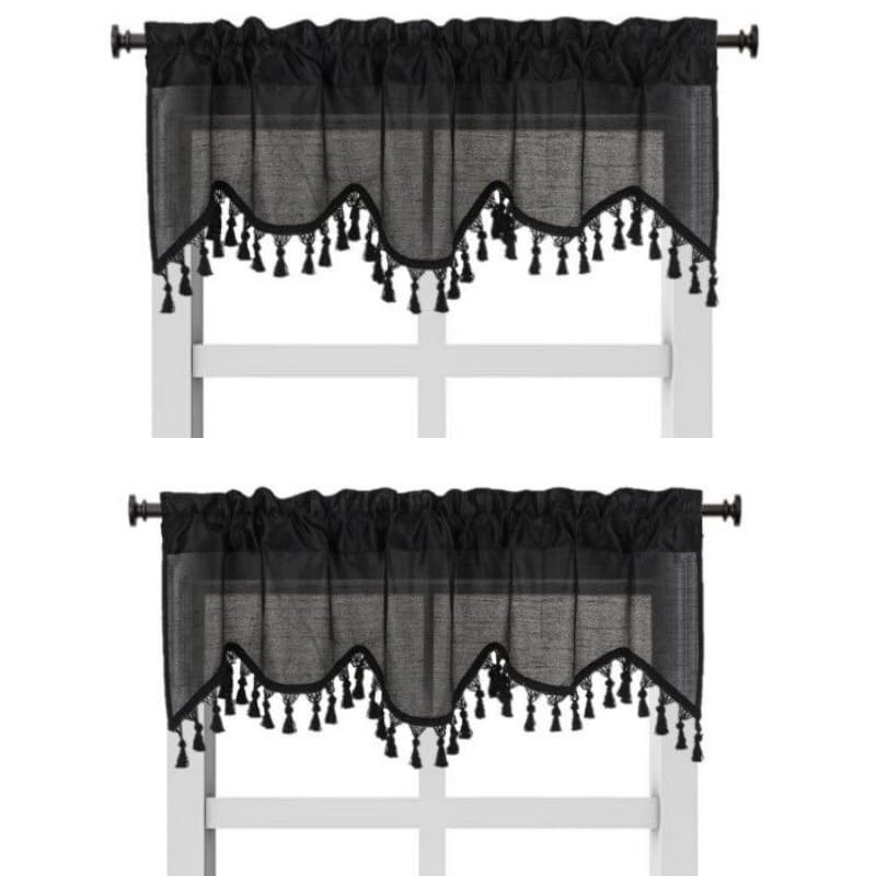 Solid Faux Silk Swag Waterfall Cascade Ascot Window Curtain Valance w/Tassels Trim 55  x18  Wave (2, Black)