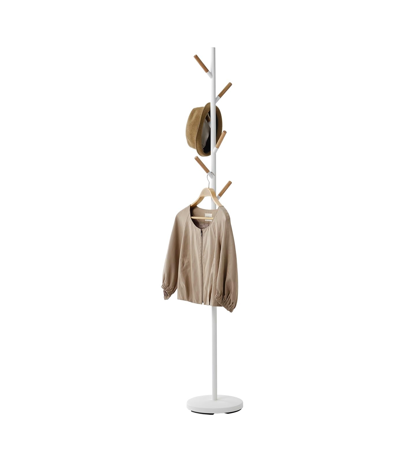 Yamazaki Home Freestanding Coat Hanger Rack with Wooden Hooks, Space Saving Steel One Size White