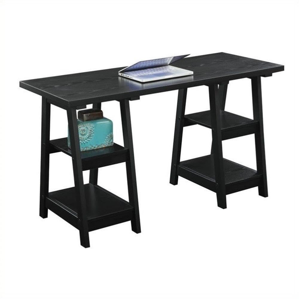 Convenience Concepts Designs2Go Double Trestle Desk with Shelves, Black