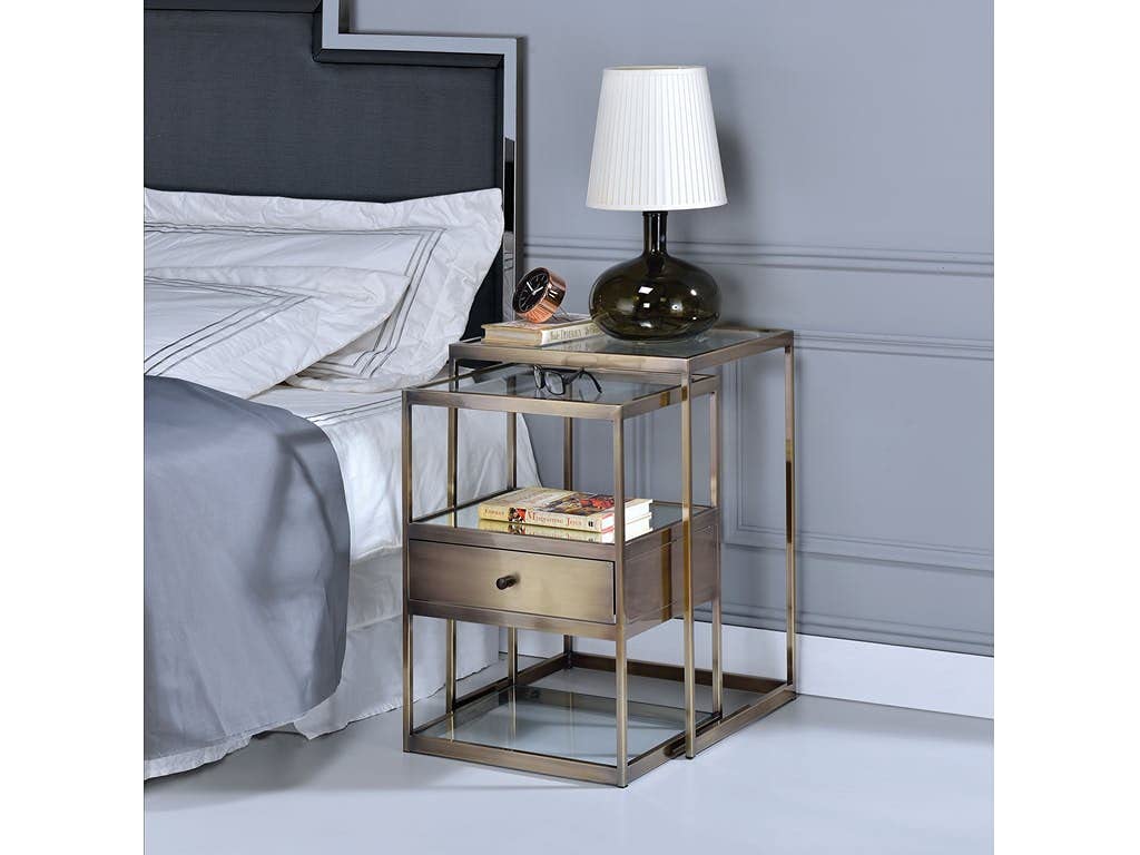 acme 84470 Enca Nesting Table, Clear Glass & Antique Brass - 2 Piece