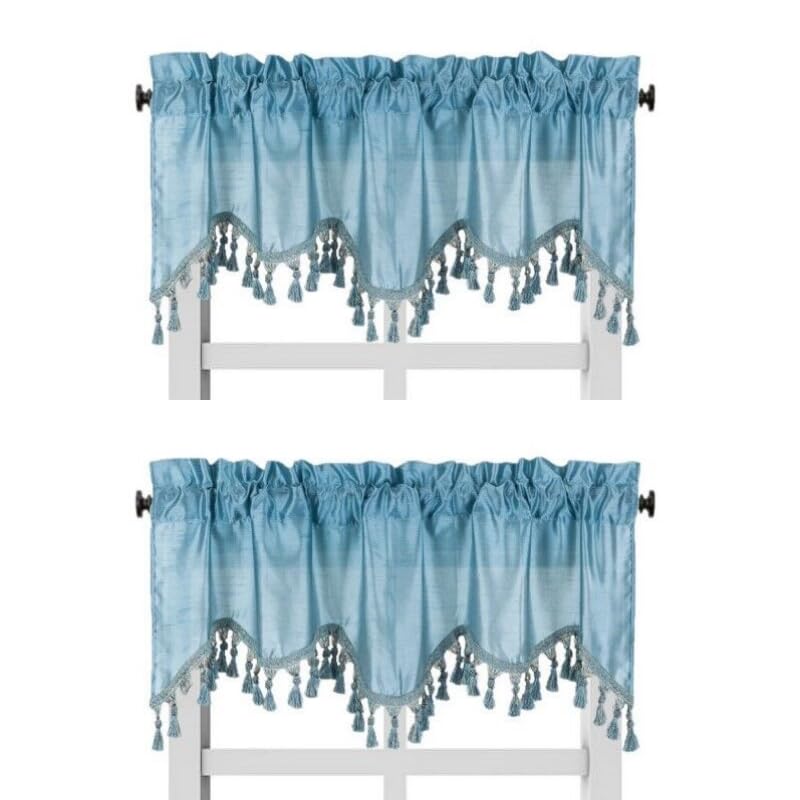 Solid Faux Silk Swag Waterfall Cascade Ascot Window Curtain Valance w/Tassels Trim 55  x18  Wave (2, Light Blue)