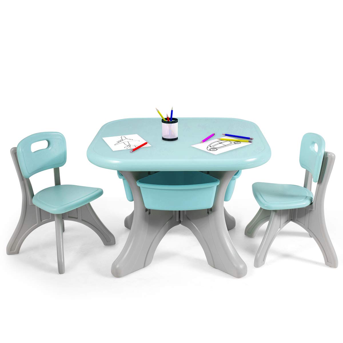 Costzon Kids Table and Chair Set, 3 Piece Activity Table w/Detachable Toy Storage Bins & 2 Chairs for Children Reading Art Craft