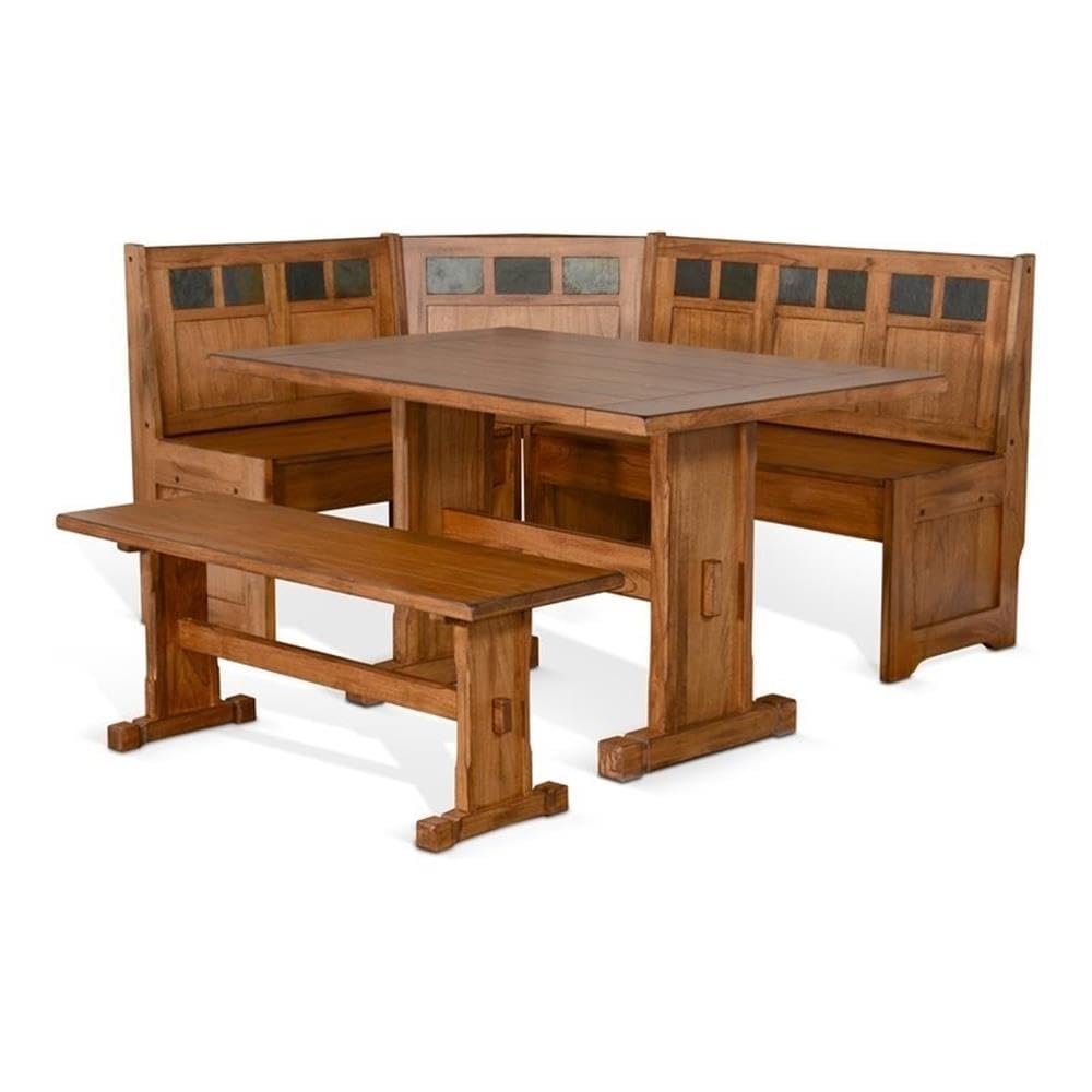Pemberly Row Farmhouse Wood Kitchen Corner Breakfast Dining Nook Set with Hidden Storage in Rustic Oak