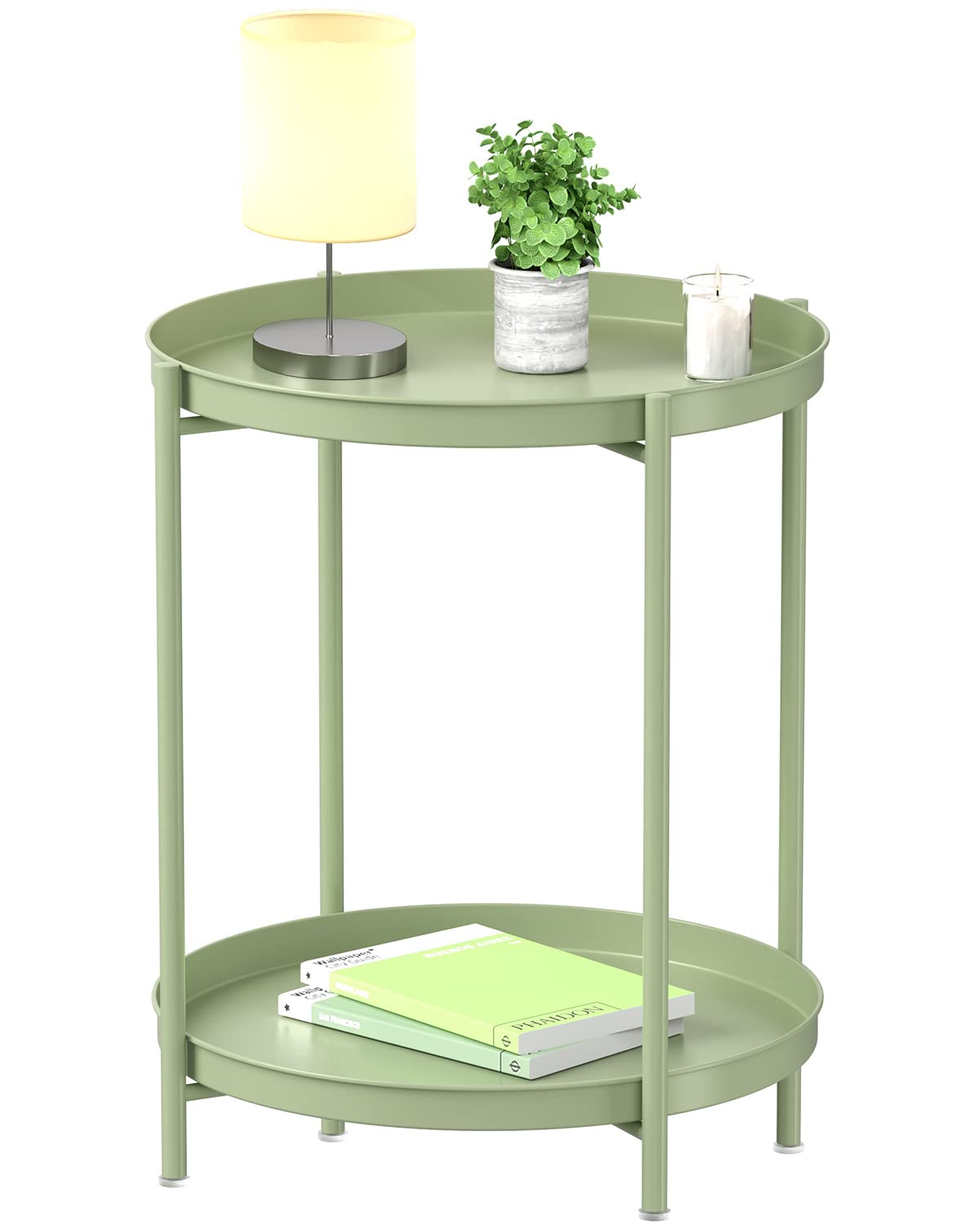EKNITEY 2 Tier End Table - Metal Side Table Waterproof Small Sofa Coffee Side Tables Bedroom Indoor Outdoor with Removable Tray 