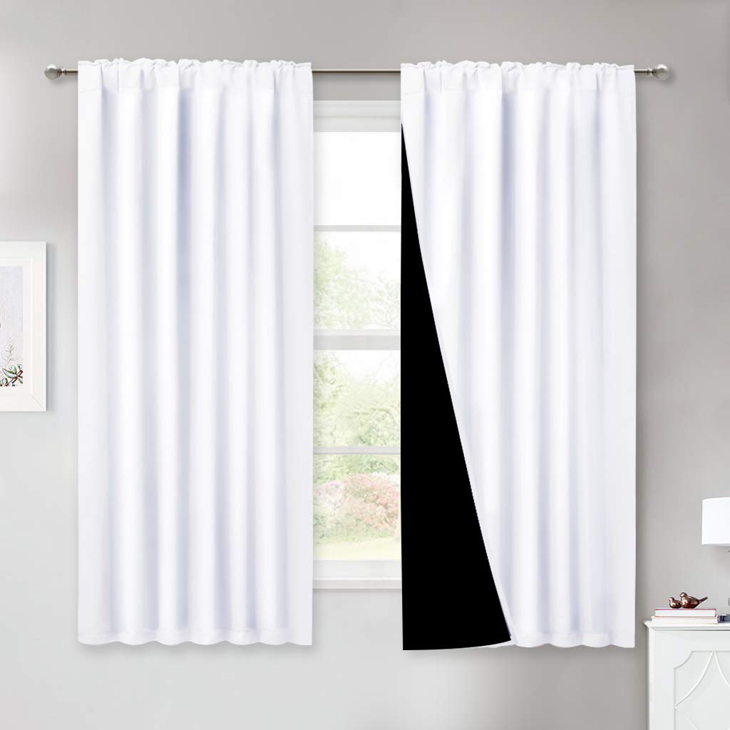 NICETOWN Pure White 100% Blackout Lined Curtains, 2 Thick Layers Completely Blackout Window Treatment Thermal Insulated Drapes f