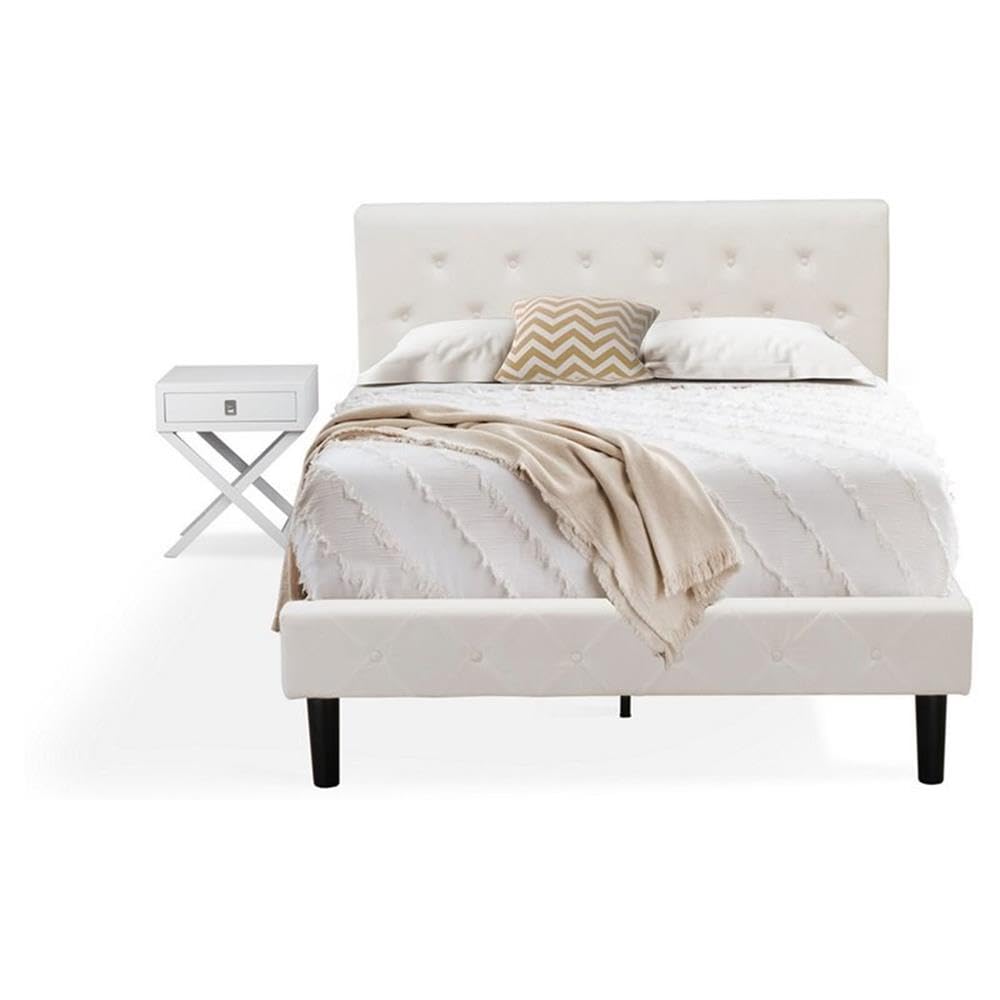 East West Furniture NL19F-1HA14 2 Piece Bedroom Set - Full Size Button Tufted Platform Bed Frame - Linen white Velvet Fabric Uph