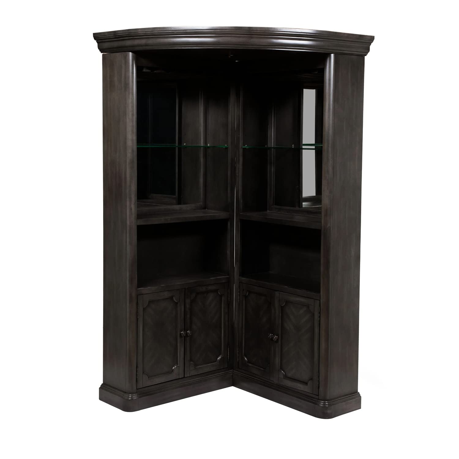 Benjara Wooden Bar Cabinet with Glass Shelves, Brown