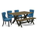 East West Furniture X676SI121-6 6 Piece Dining Table Set Contains a Rectangle Wooden Table with X-Legs and 4 Blue Linen Fabric U