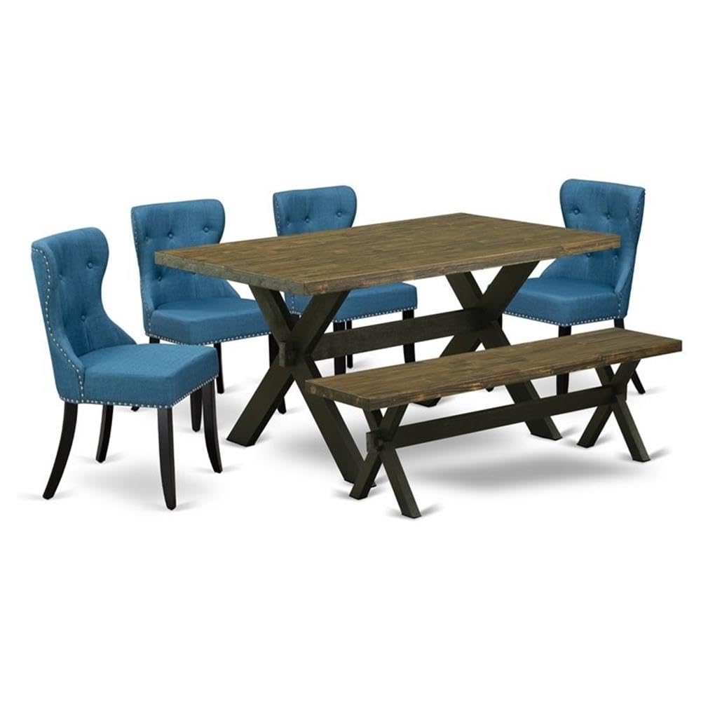 East West Furniture X676SI121-6 6 Piece Dining Table Set Contains a Rectangle Wooden Table with X-Legs and 4 Blue Linen Fabric U