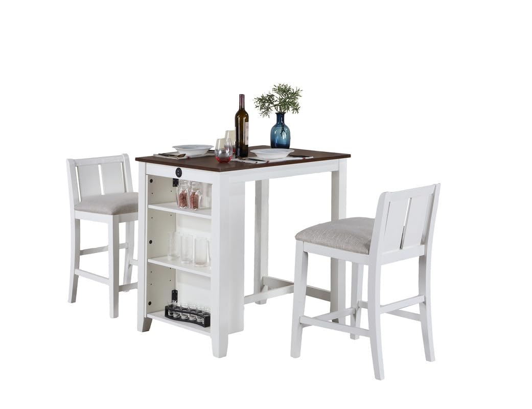 Graham 3-Piece White Finish Small Space Counter Height Dining Table with Shelves and 2 Chairs