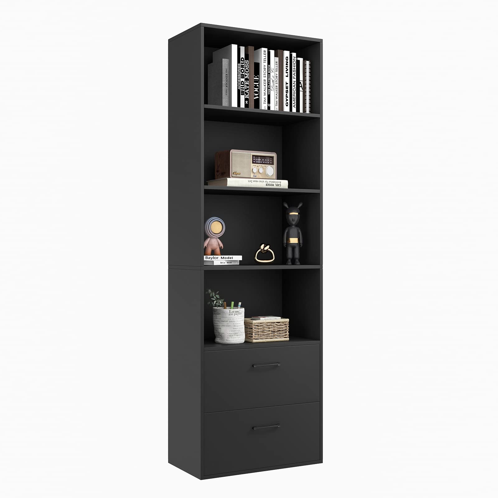 Tangkula 4 Shelf Bookcase with 2 Drawers, 74 Inch 4 Tiers Tall Open Bookshelf with 2 Slide-Out Drawers, Anti-toppling Device, Fr