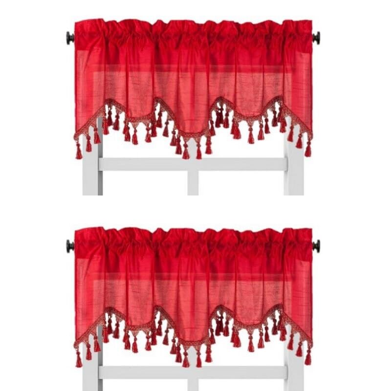 Solid Faux Silk Swag Waterfall Cascade Ascot Window Curtain Valance w/Tassels Trim 55  x18  Wave (2, RED)