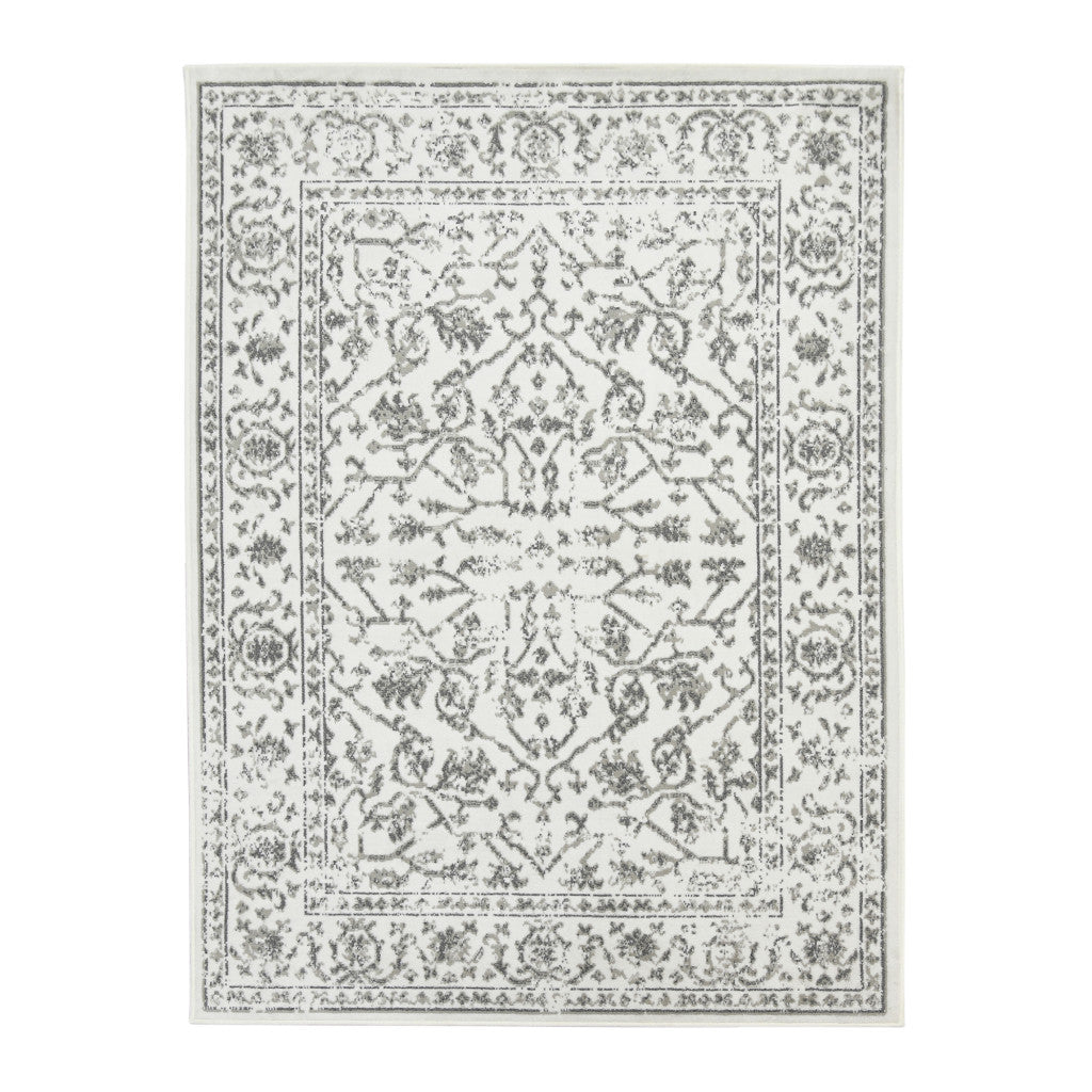 9 x 12 Light gray Floral Power Loom Area Rug With Fringe