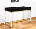 48 Black Clear and Gold Wood Acrylic and Stainless Steel Writing Desk With Two Drawers