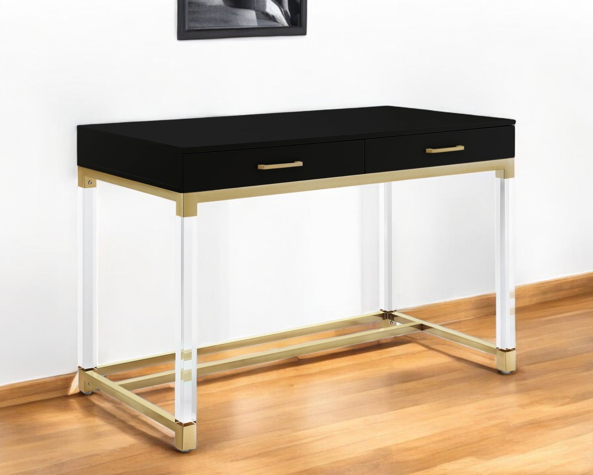 48 Black Clear and Gold Wood Acrylic and Stainless Steel Writing Desk With Two Drawers