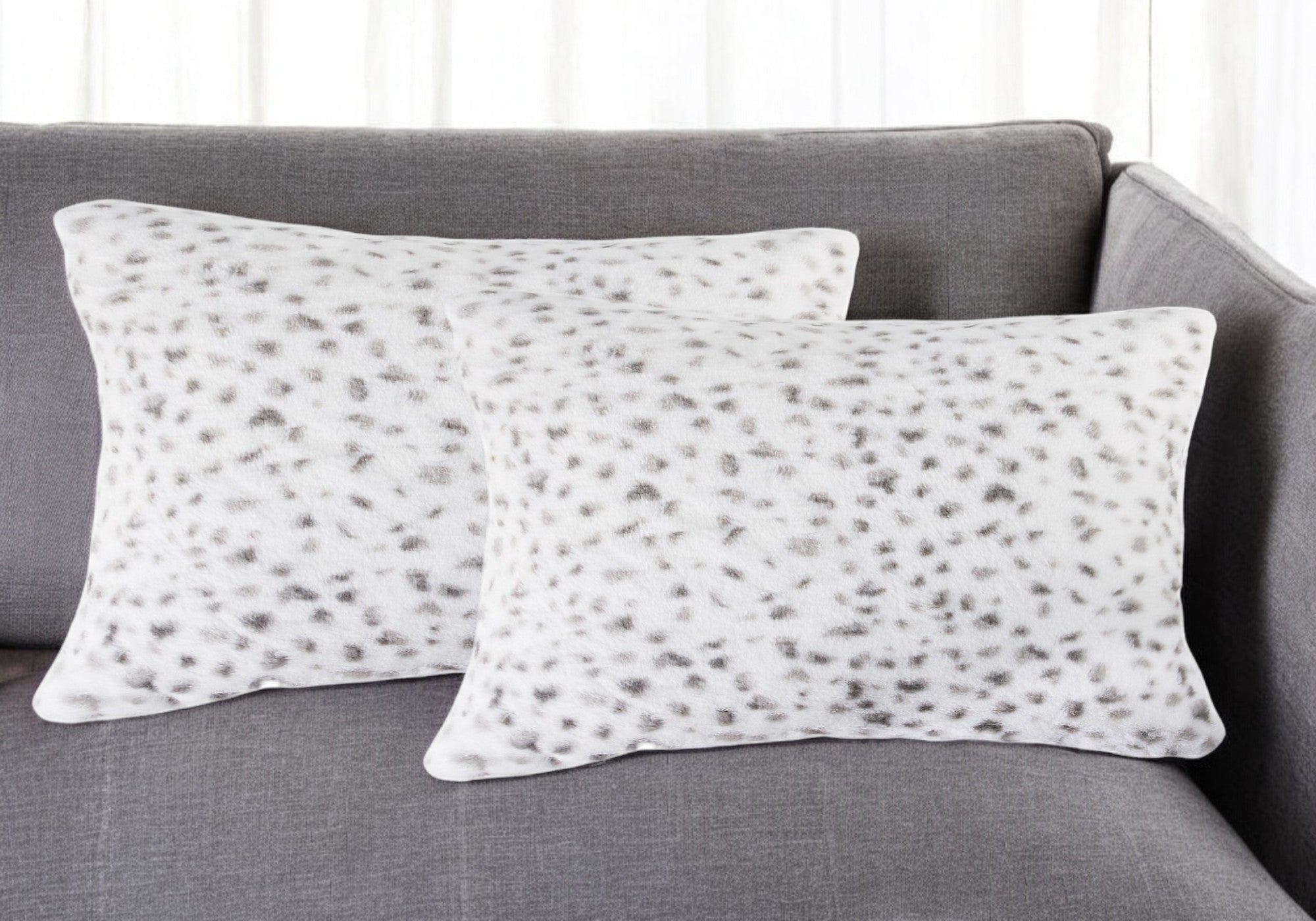 Set of Two 12 X 20 White and Gray Faux Fur Lumbar Throw Pillows