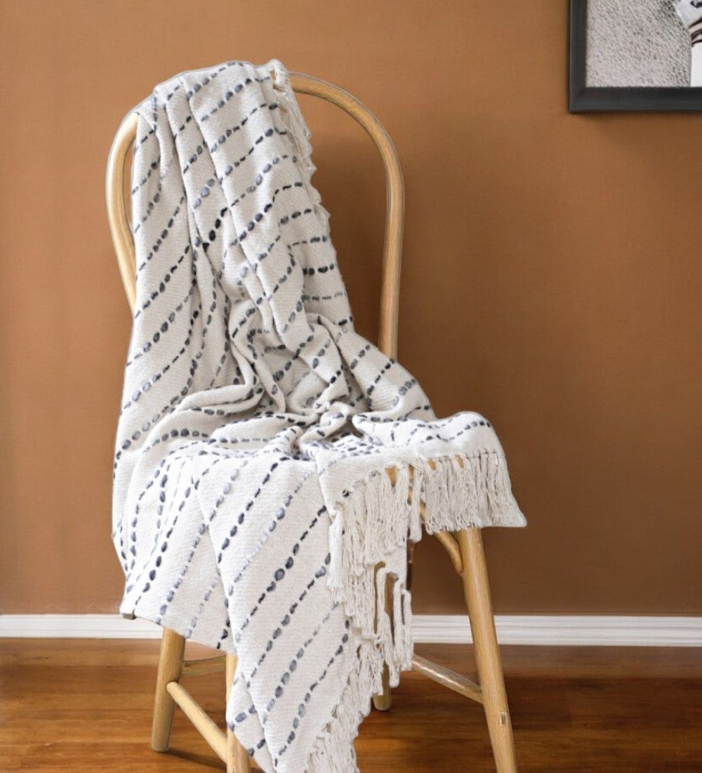 50 X 60 White And Navy Blue Cotton Blend Woven Striped Throw Blanket with Fringe