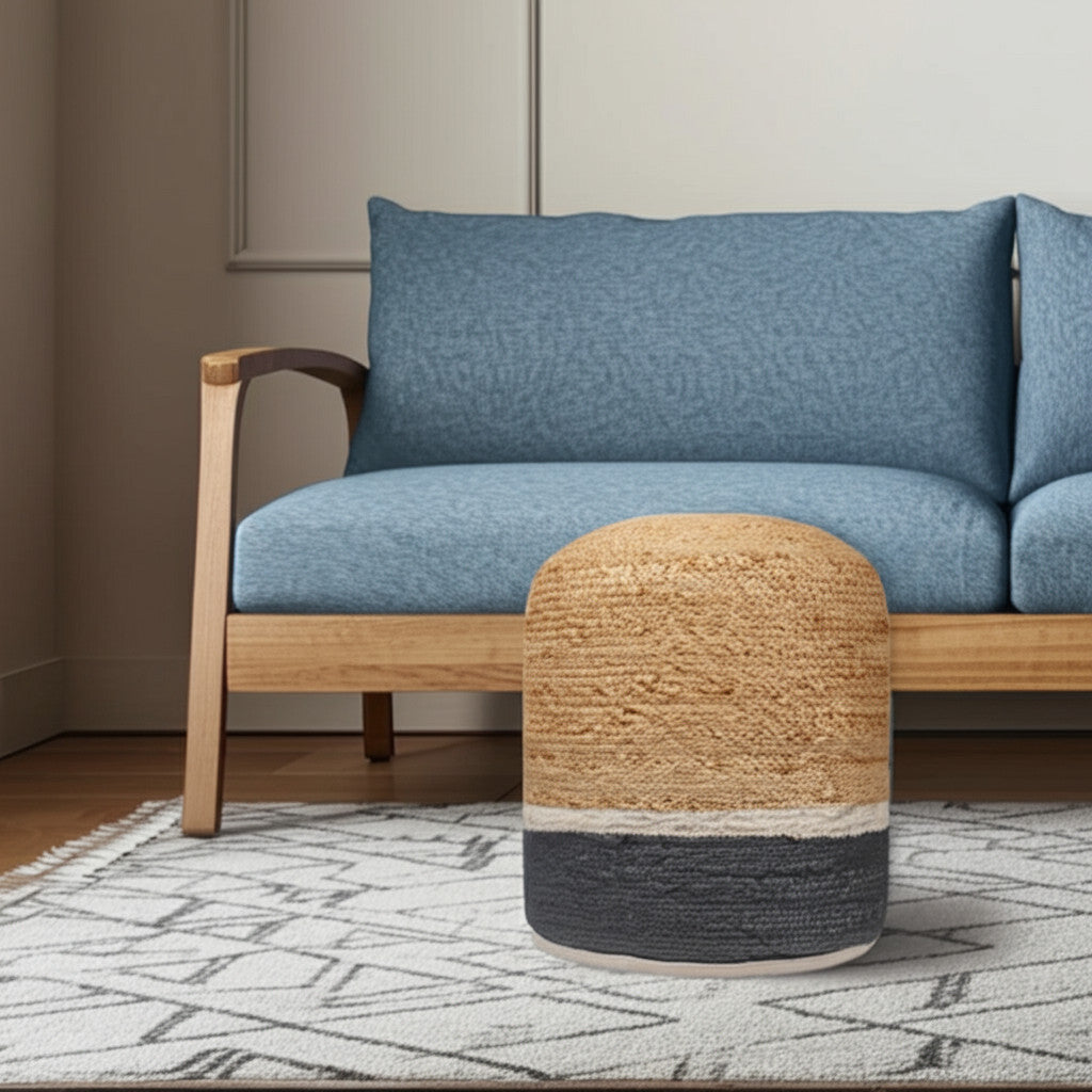 18 Natural And Gray Jute Blend Cylinder Striped Pouf Ottoman