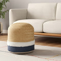 18 Natural And Navy Blue Jute Blend Cylinder Striped Pouf Ottoman