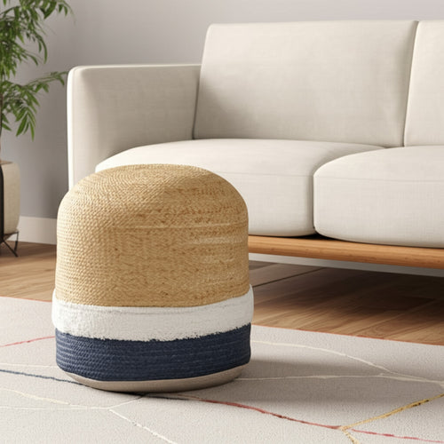 18 Natural And Navy Blue Jute Blend Cylinder Striped Pouf Ottoman