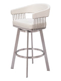 31 White And Silver Faux Leather And Stainless Steel Bar Height Swivel Bar Chair