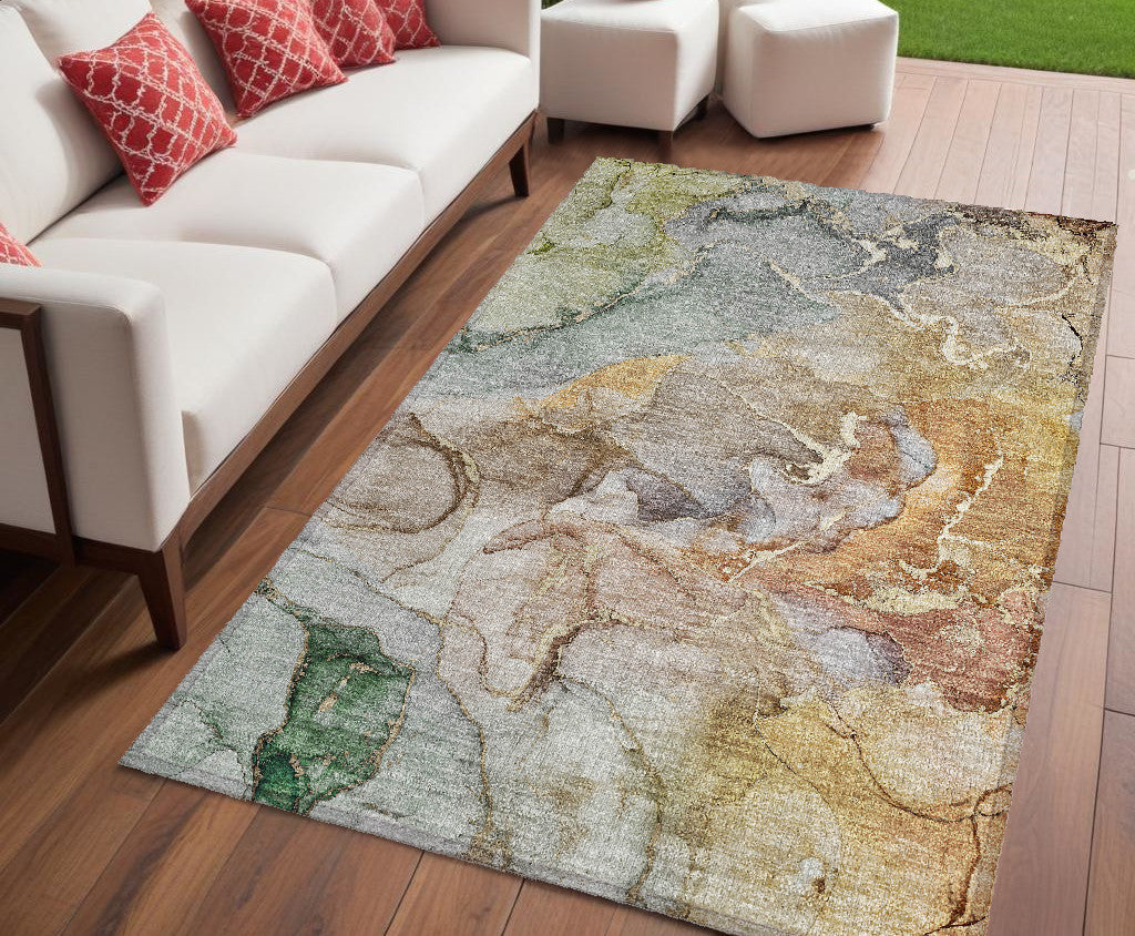 5 X 8 Gray and Gold Abstract Washable Non Skid Indoor Outdoor Area Rug