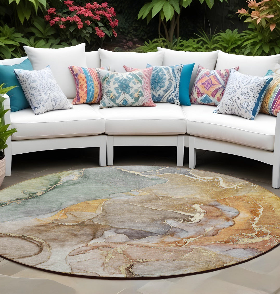 8 Round Gray and Gold Round Abstract Washable Non Skid Indoor Outdoor Area Rug