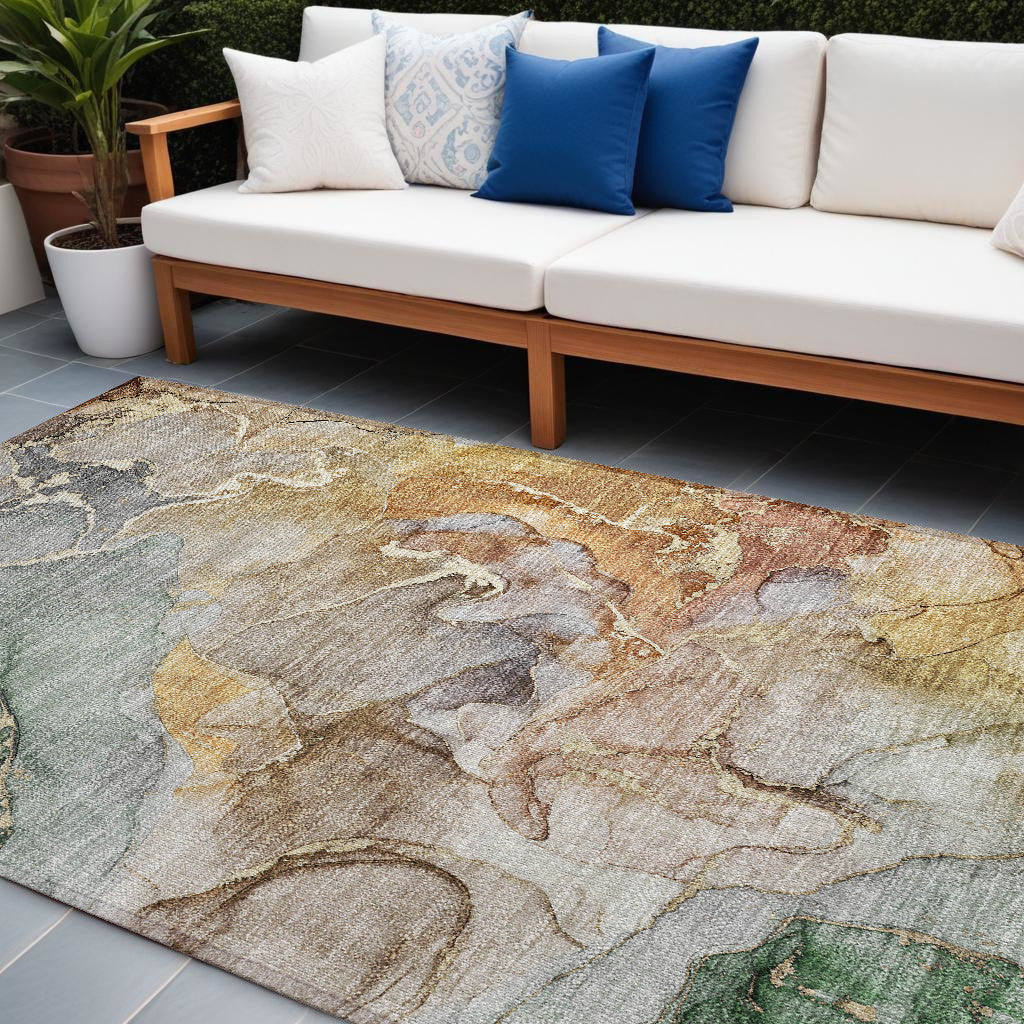 8 X 10 Gray and Gold Abstract Washable Non Skid Indoor Outdoor Area Rug