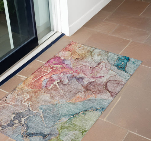 2 X 3 Blue Abstract Washable Non Skid Indoor Outdoor Area Rug
