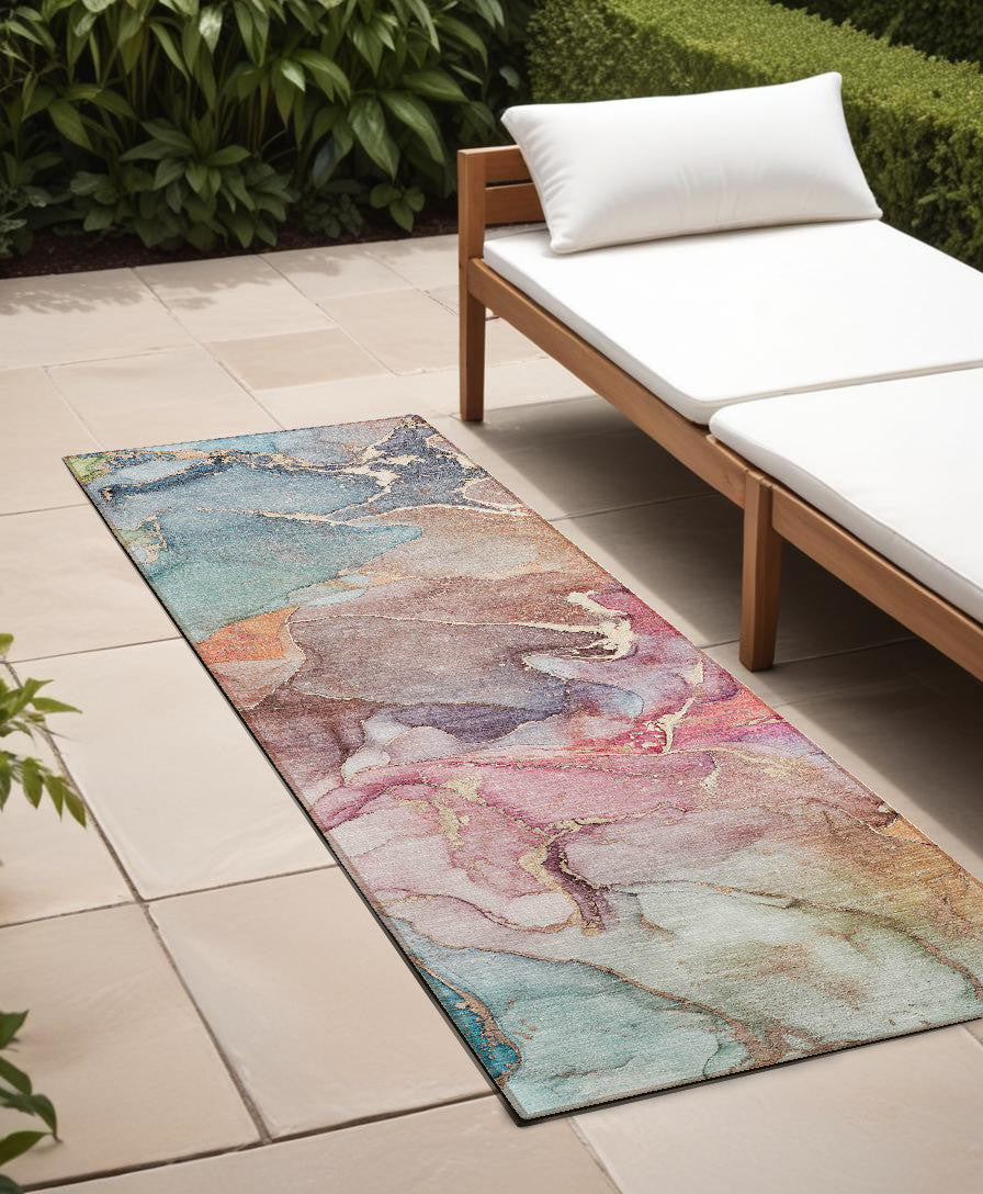 8 Runner Blue Abstract Washable Non Skid Indoor Outdoor Runner Rug