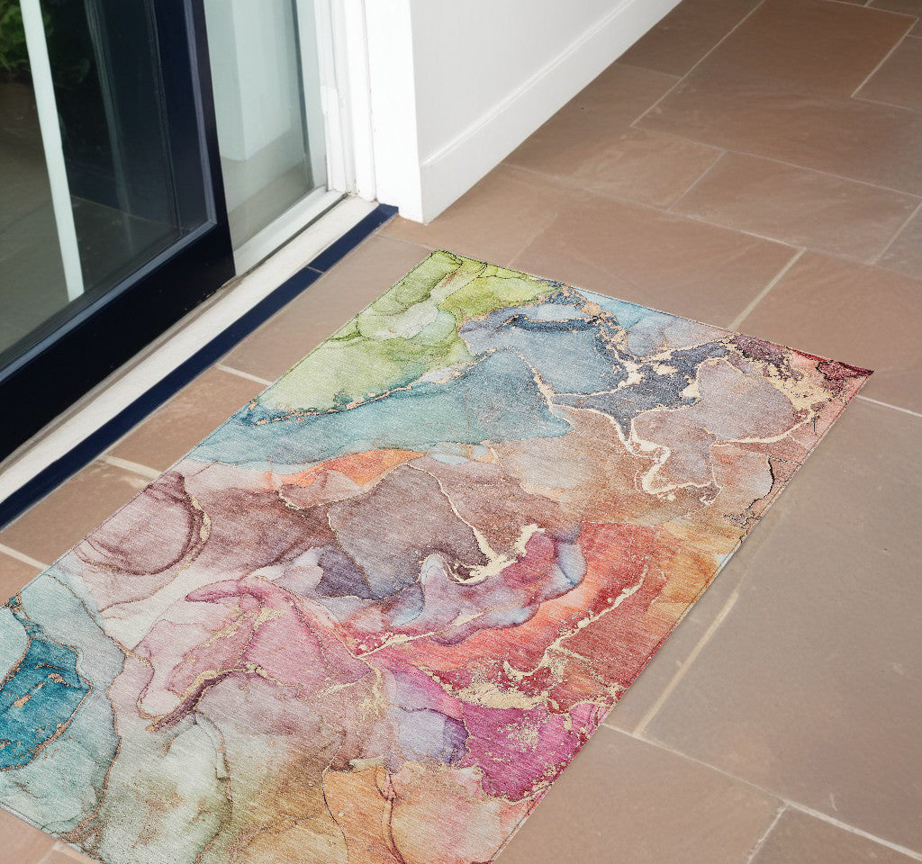 3 X 5 Blue Abstract Washable Non Skid Indoor Outdoor Area Rug