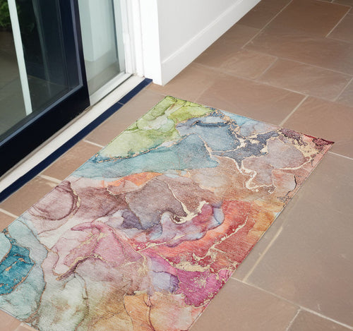 3 X 5 Blue Abstract Washable Non Skid Indoor Outdoor Area Rug