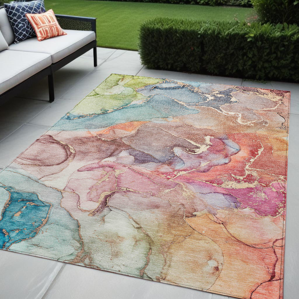 5 X 8 Blue Abstract Washable Non Skid Indoor Outdoor Area Rug